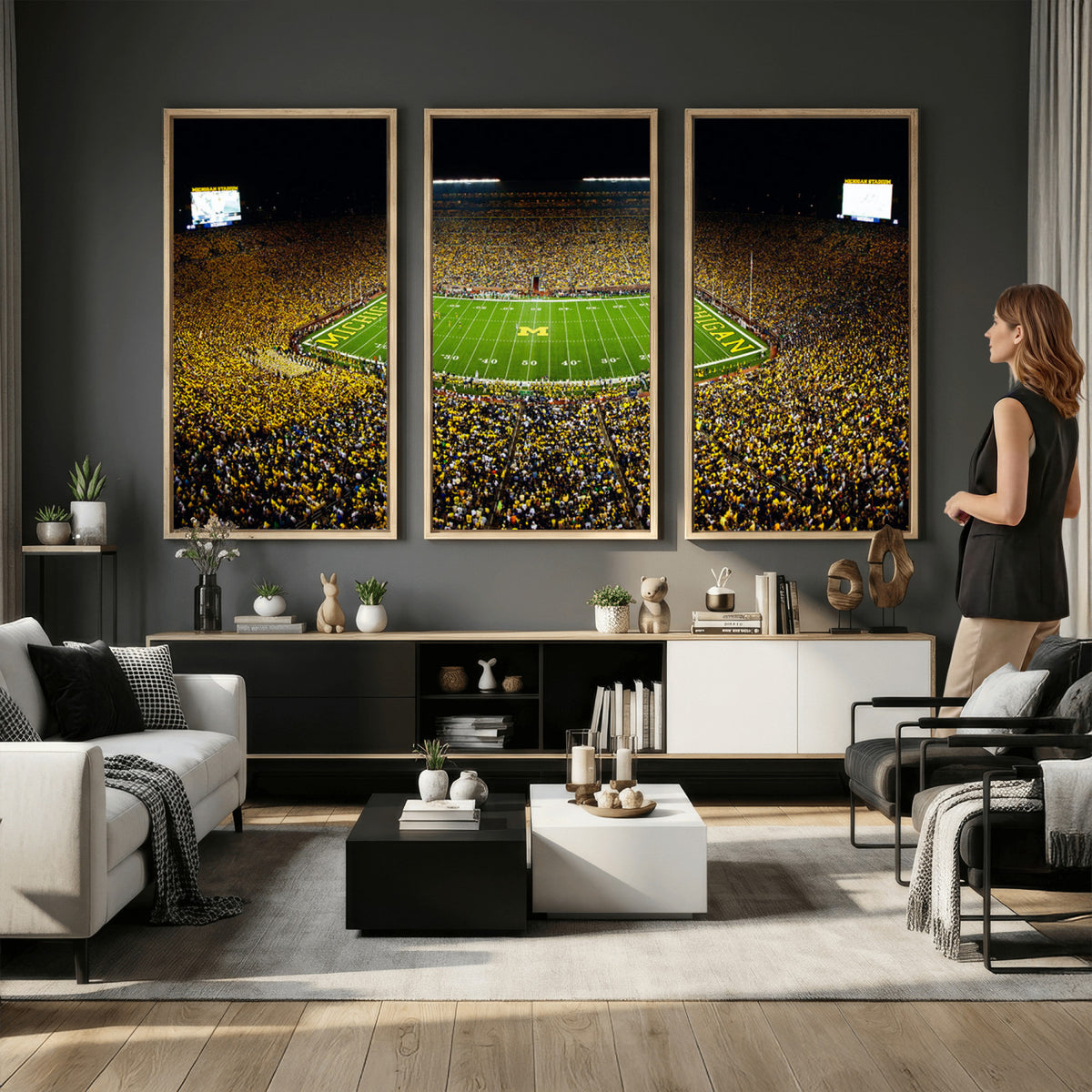 26166-MGV-CV-36X24 - Stadium in Michigan Wall Art Canvas Print, Framed American Football Stadium Art
