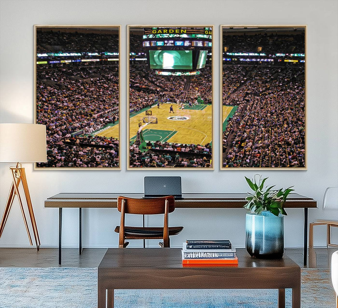 A vibrant depiction of a TD Garden basketball game is beautifully captured in the Boston Celtics Triple Canvas Wall Art, which comes framed and ready to hang.