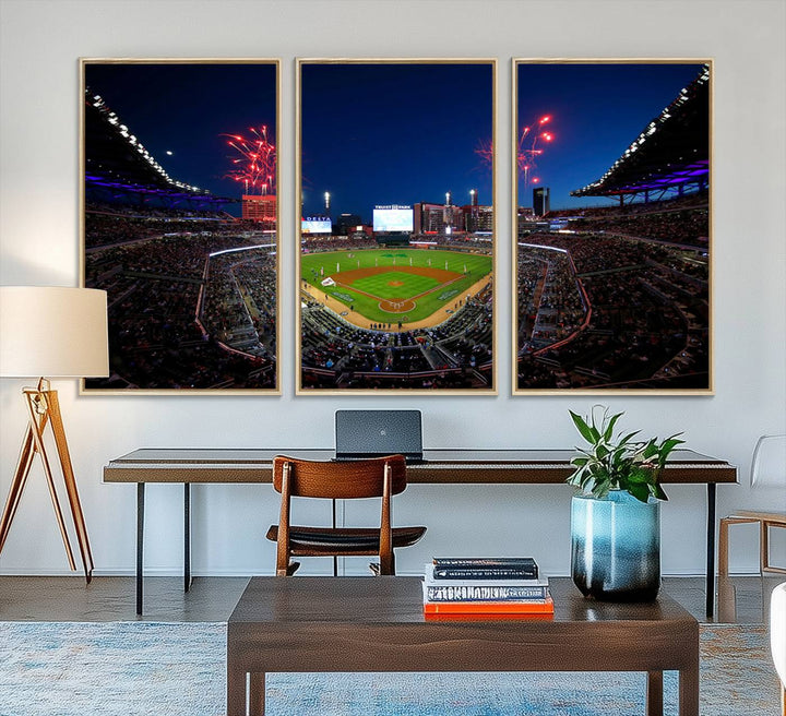 Truist Park wall art: fireworks over a Braves crowd, a large 3-panel canvas, framed and ready-to-hang.