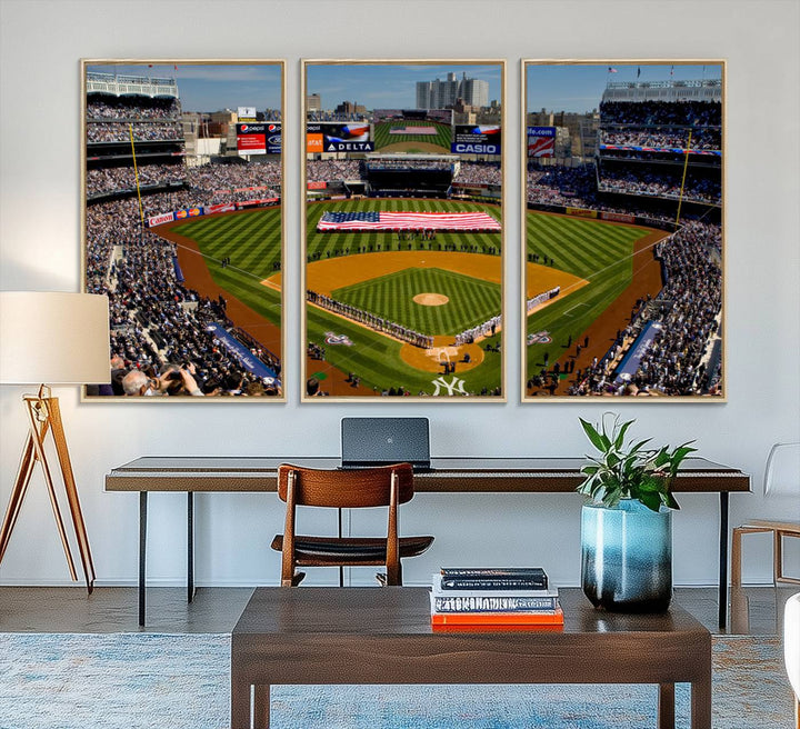 The Yankee Stadium New York wall art print features a vibrant scene of baseball fans with a large flag and players, expertly capturing the spirit of the game. This ready-to-hang décor is perfect for adding a dynamic touch to any space.