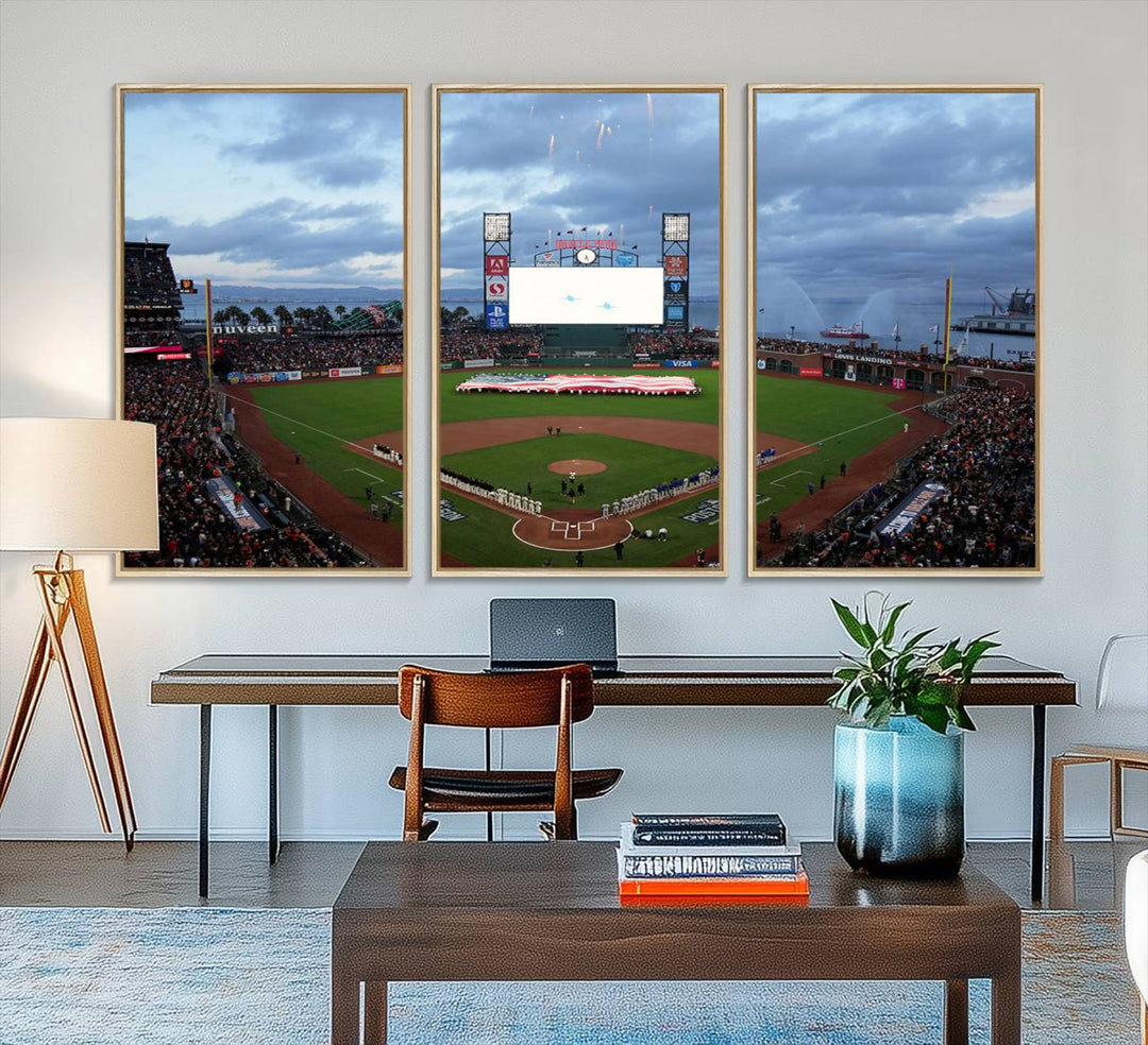 This framed 3-panel canvas MLB wall art features a giant flag and fans under a cloudy sky at Oracle Park.