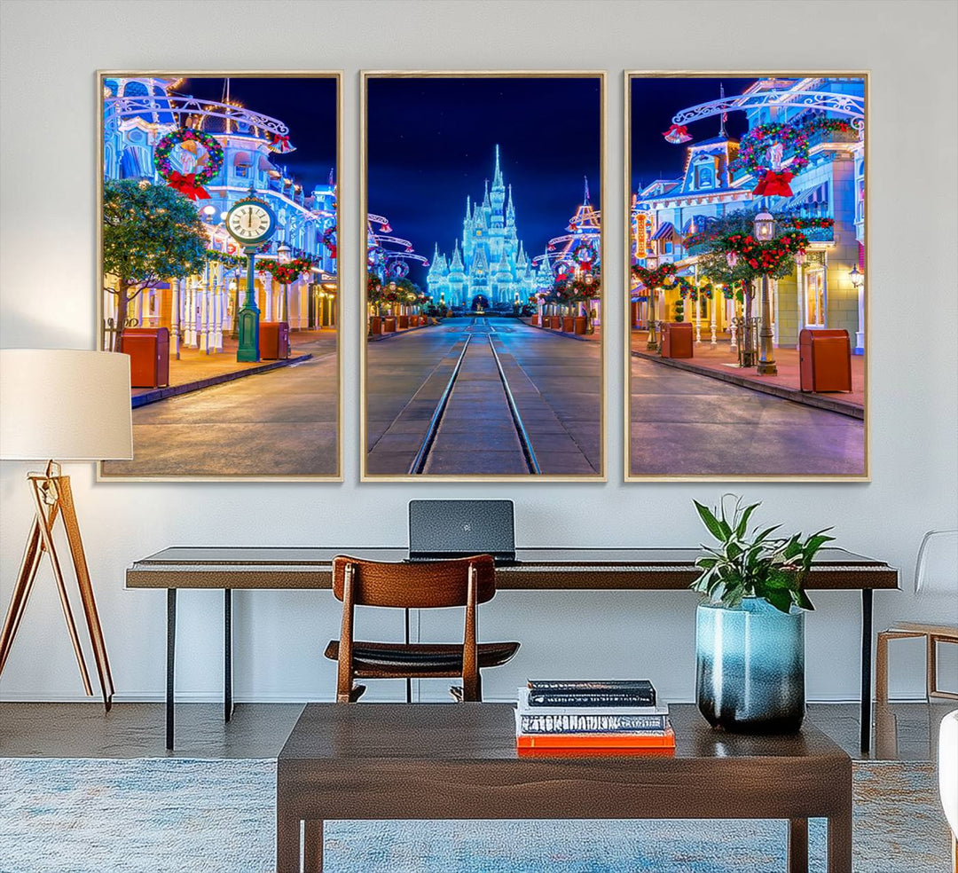 Disney wall art featuring a fantasy castle street at night.