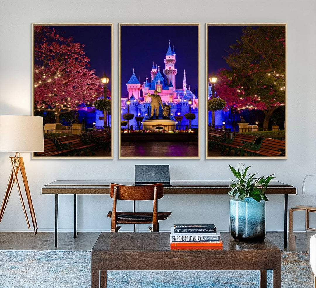 The Castle Large Wall Art is surrounded by illuminated trees at night.