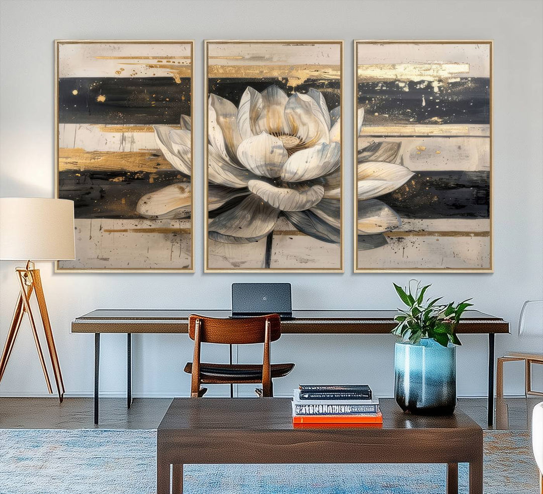 The wall is adorned with an Abstract Lotus Flower Wall Art Canvas Print.