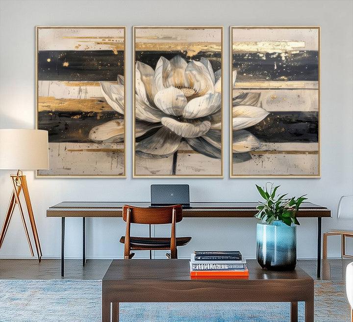 The wall is adorned with an Abstract Lotus Flower Wall Art Canvas Print.