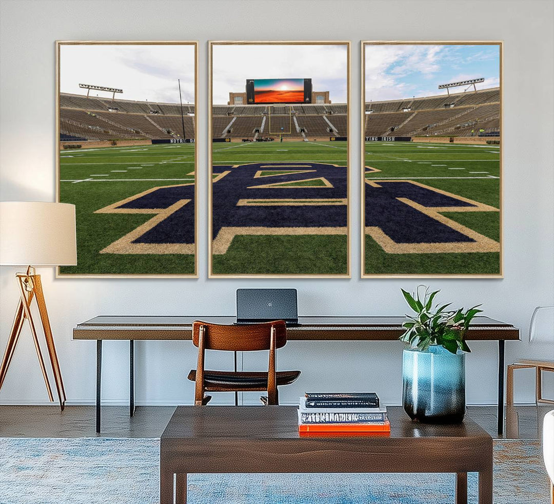 Notre Dame Stadium Triptych: This ready-to-hang giclee canvas print features a vibrant depiction of the football field adorned with an A logo and a stunning sunset.