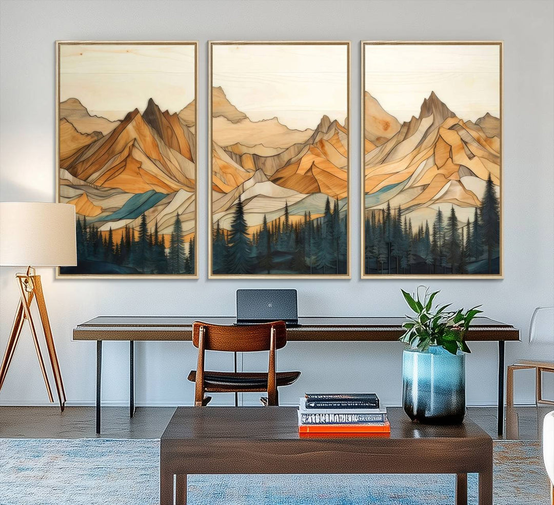 A triptych giclee print of mountains decorates the wall above the counter.