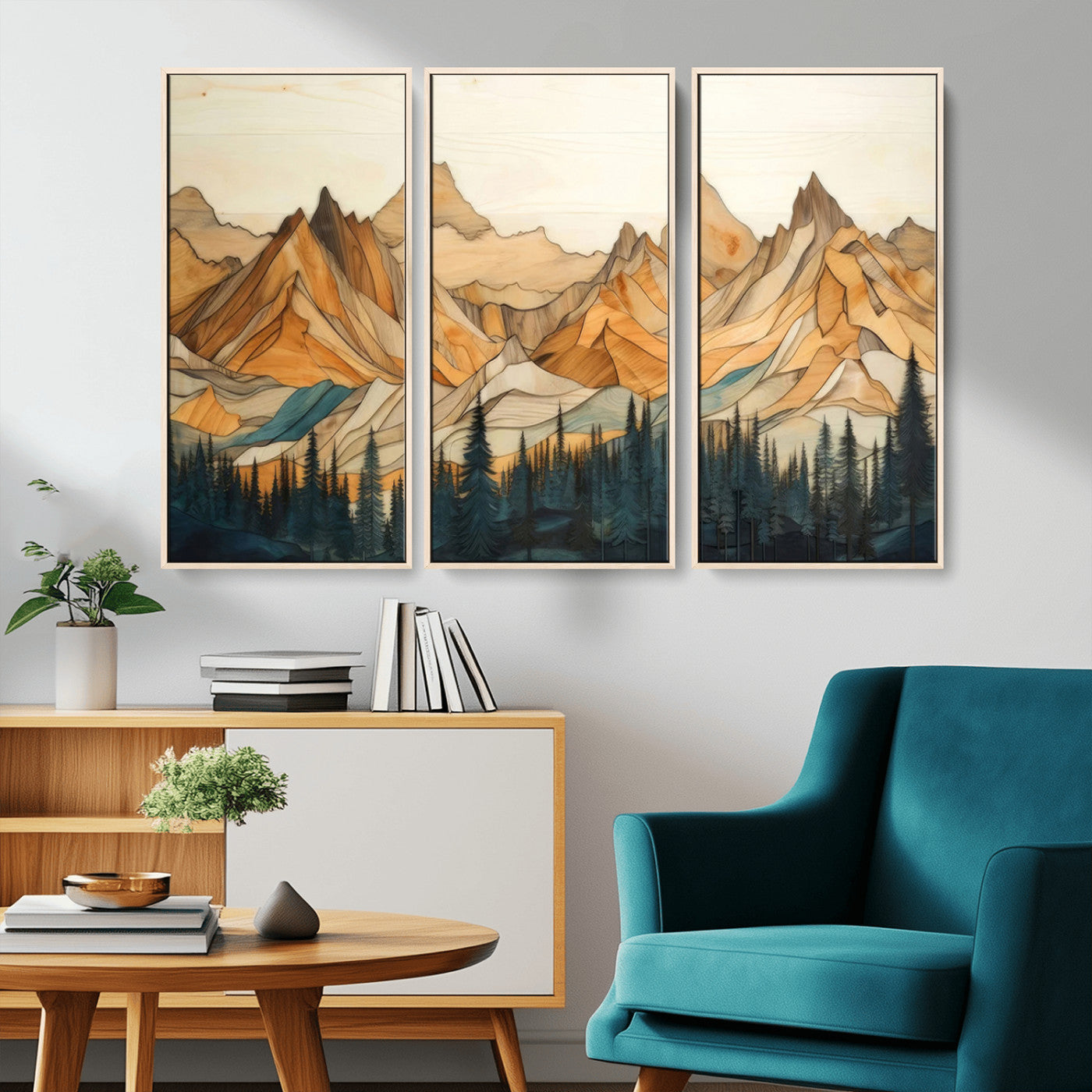 -Rustic Wood Mountain Wall Art Print | Triptych Giclee Print Featuring Handcrafted Forest and