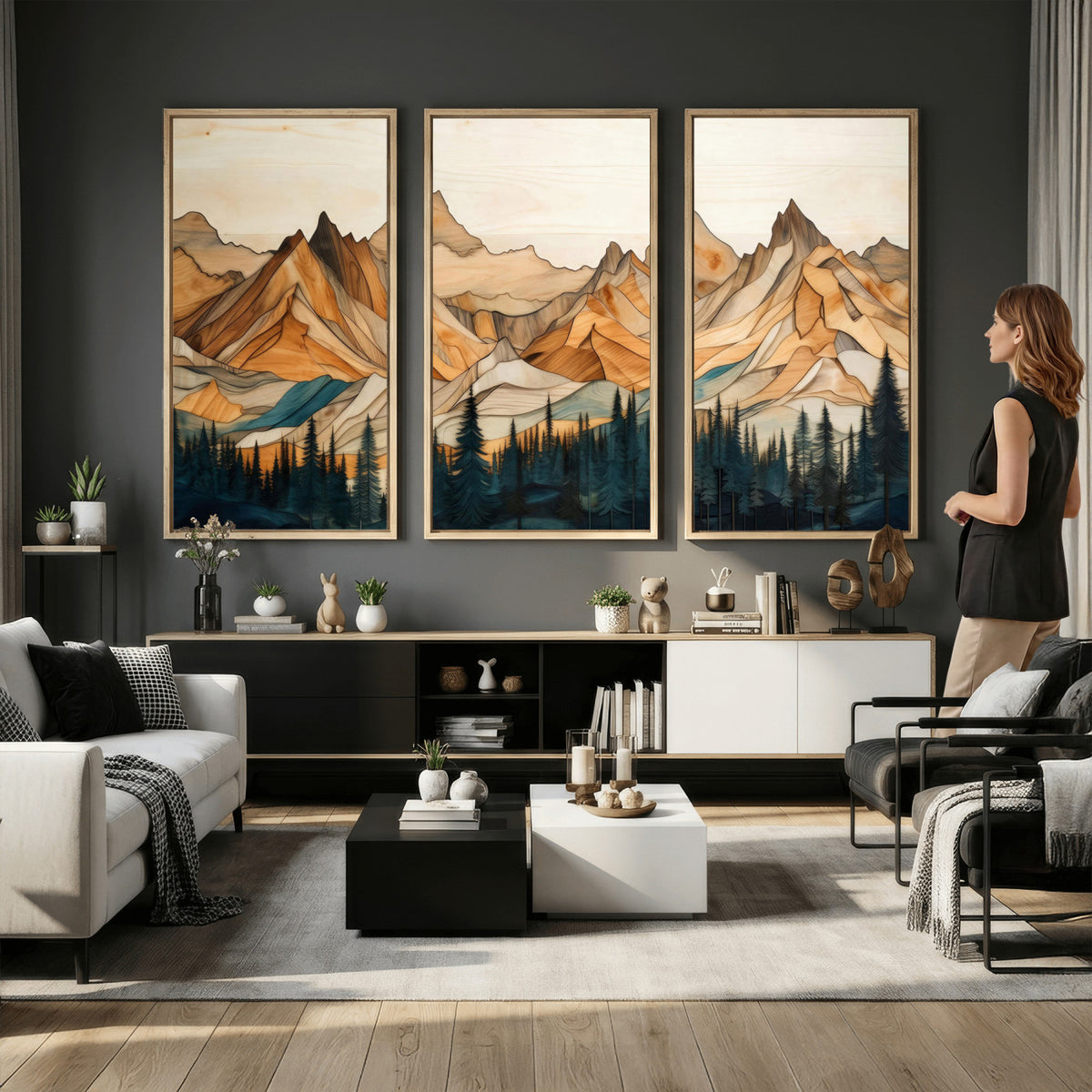 31576-PAN-FL-20X10 - Rustic Wood Mountain Wall Art Print | Triptych Giclee Print Featuring Handcrafted Forest and