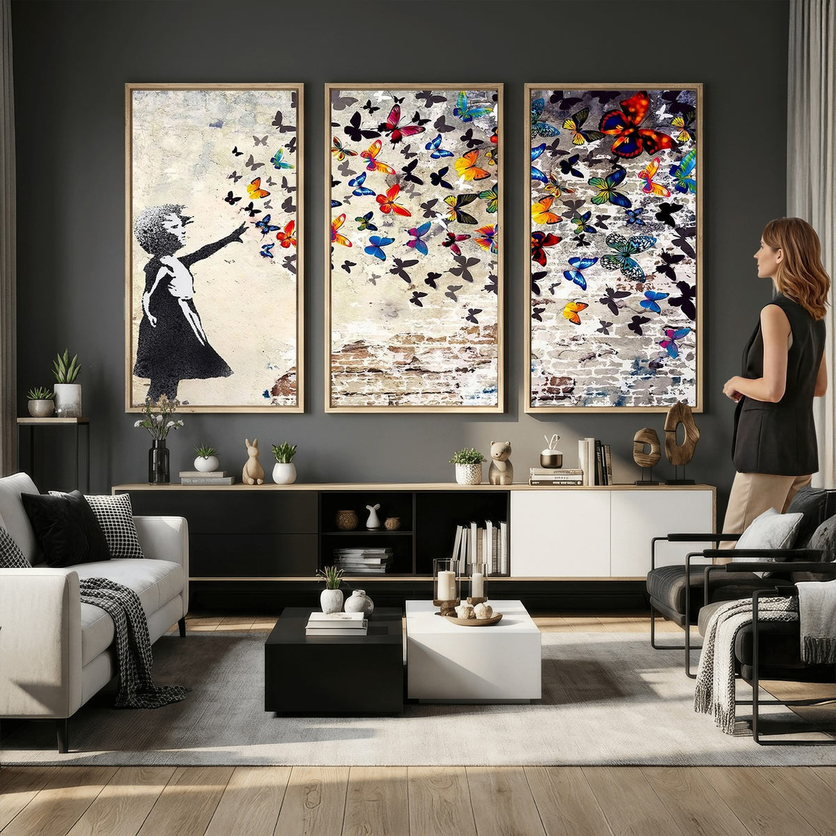 97895-MGV-CV-24X16 - Banksy Graffiti Wall Art Canvas Print, Girl Releasing Vibrant Butterflies