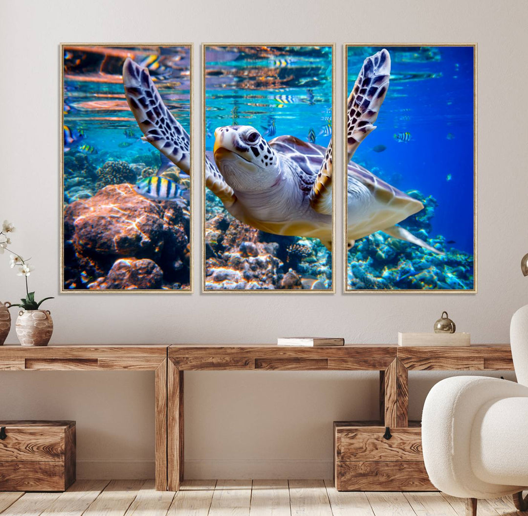 The Underwater Sea Turtle Wall Art Canvas Print serves as vibrant ocean décor, enhancing the kitchen with its stunning depiction.