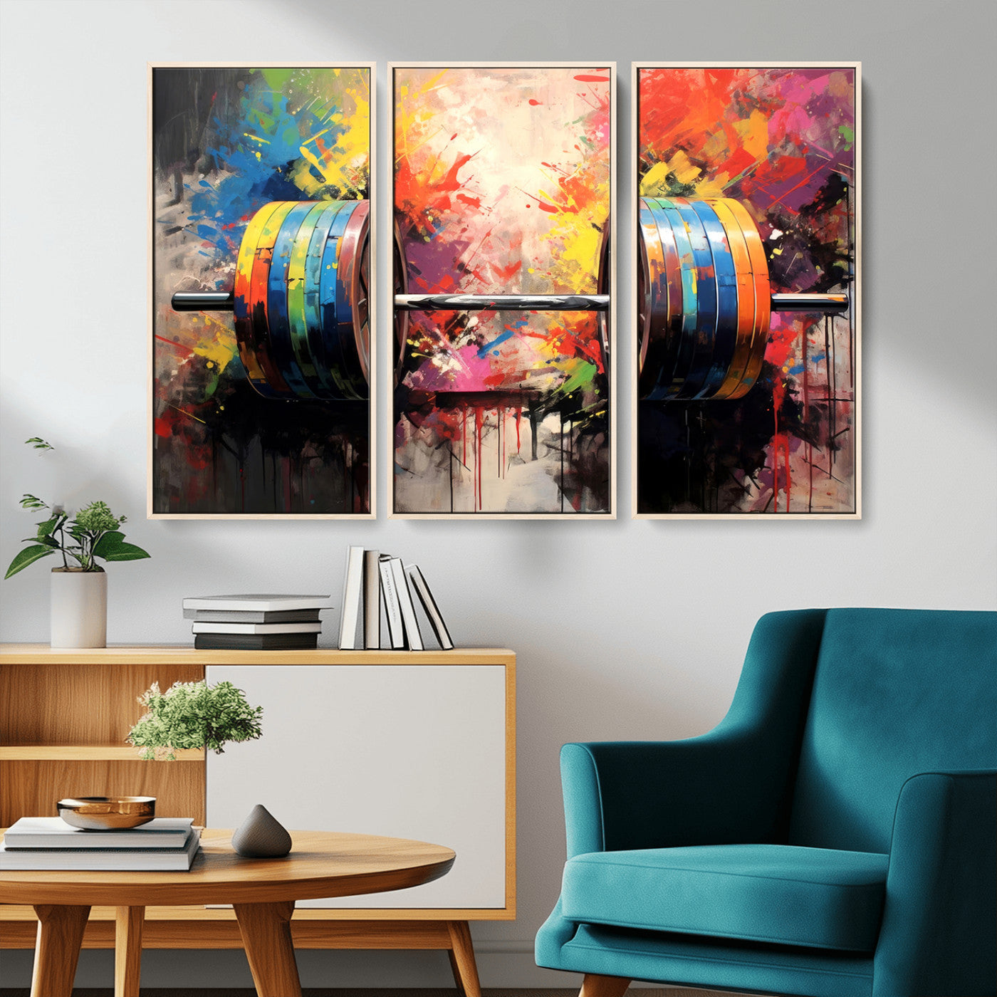 MGV-FC-48X32-3P - Weightlifting Barbell Art Triptych, Bold Abstract Fitness Wall Decor for Gym or Home, Giclee Canvas Print