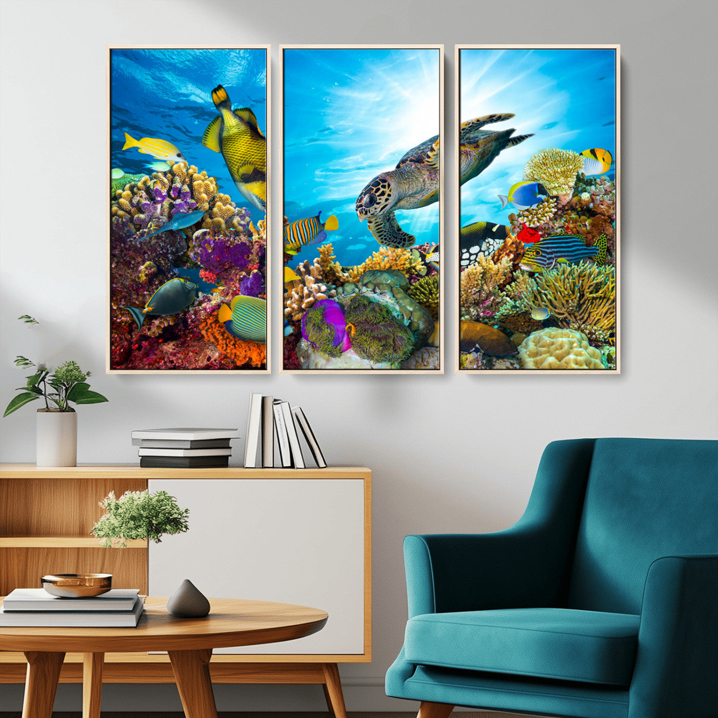 -Colorful Coral Reef and Sea Life Turtle Canvas Print, Underwater Tropical Ocean Wall Art for Home
