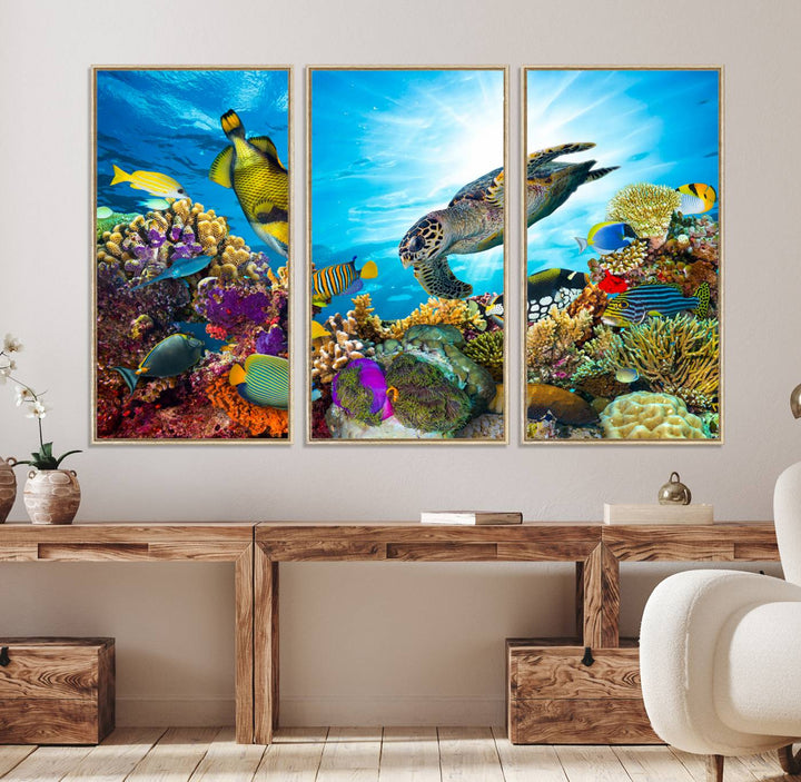 The Colorful Coral Reef and Sea Life Turtle Canvas Print brings vibrant ocean decor to your wall.