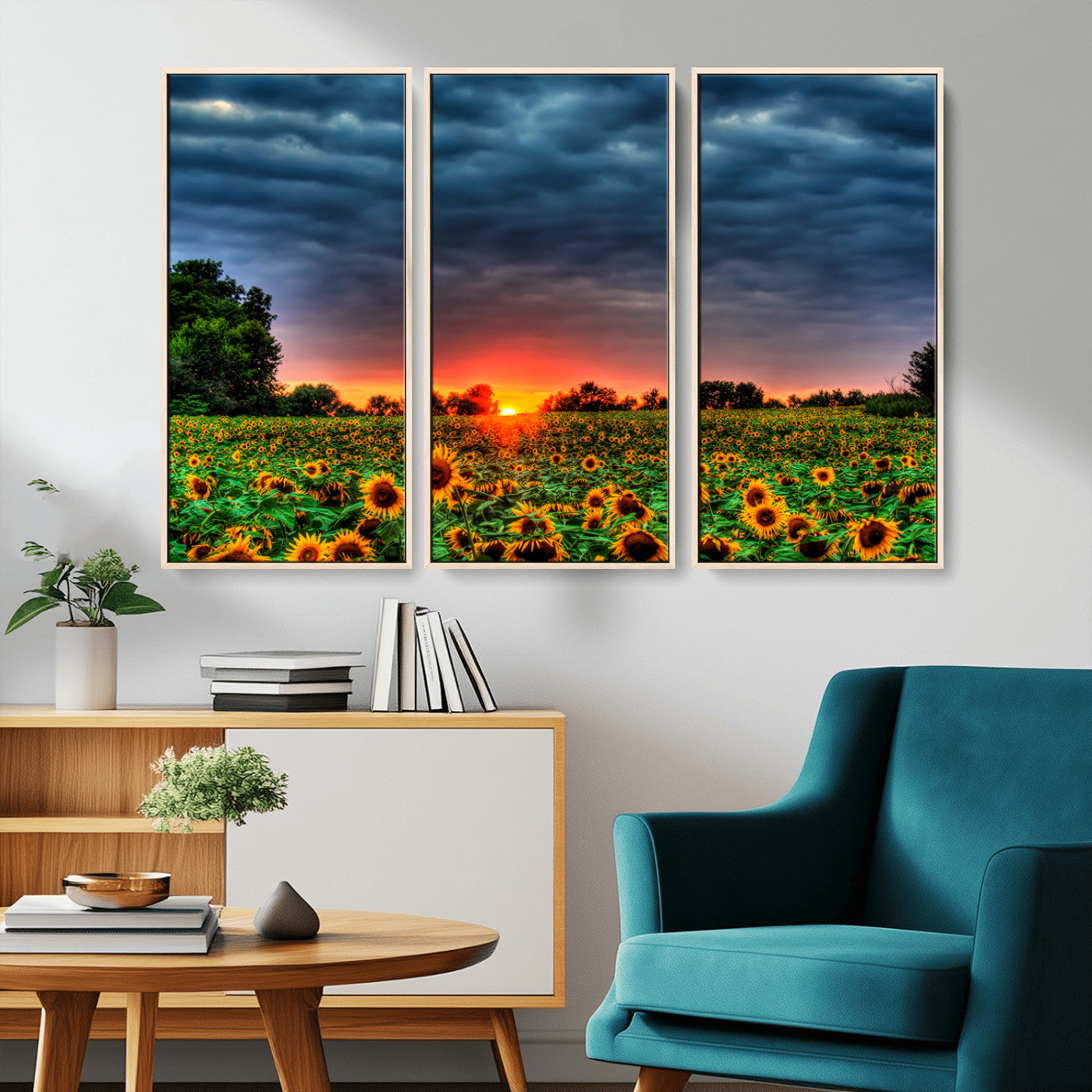 MGV-FC-48X32-3P - Golden Sunflower Field at Sunset – Breathtaking Sky and Vibrant Flowers, Ready to Hang Wall Art