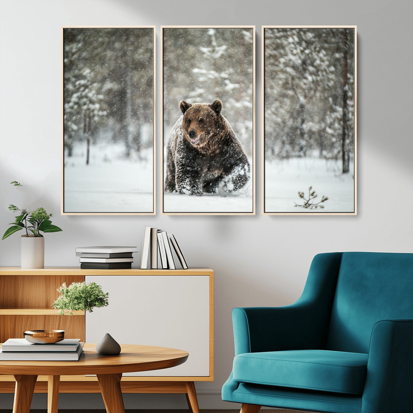 A majestic brown bear moves through a snowy forest landscape, surrounded by falling snowflakes, capturing the essence of wildlife in winter.