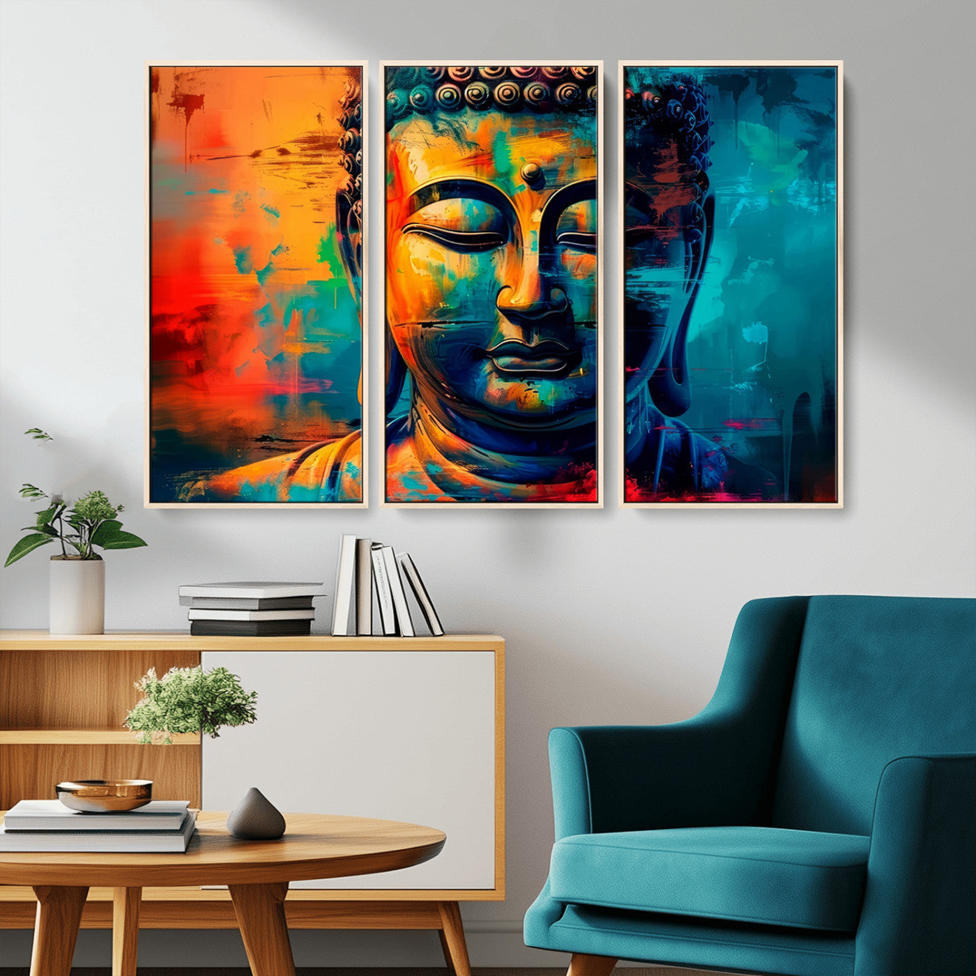 A vibrant, abstract artistic rendition of a Buddha statue face, blending bold and contrasting colors to evoke a sense of peace, spirituality, and enlightenment.