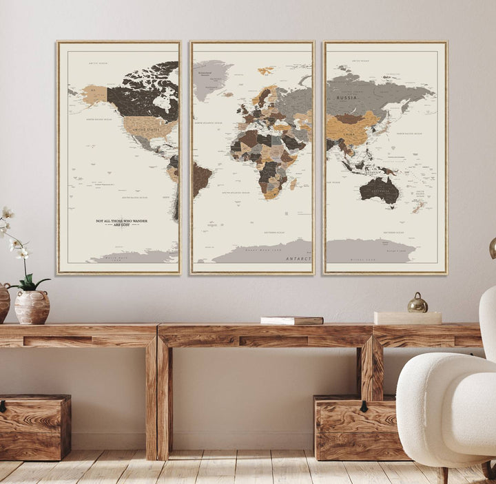 Antique-style world map canvas print with Not all those who wander are lost, perfect for vintage decor.