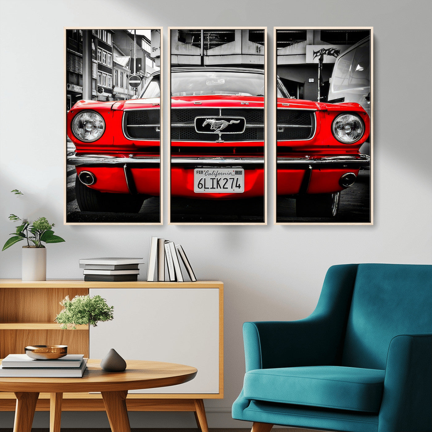 Front view of a bold red 1960s Ford Mustang parked in an urban environment, captured in dramatic contrast with a black-and-white city backdrop, emphasizing its timeless American muscle car identity.