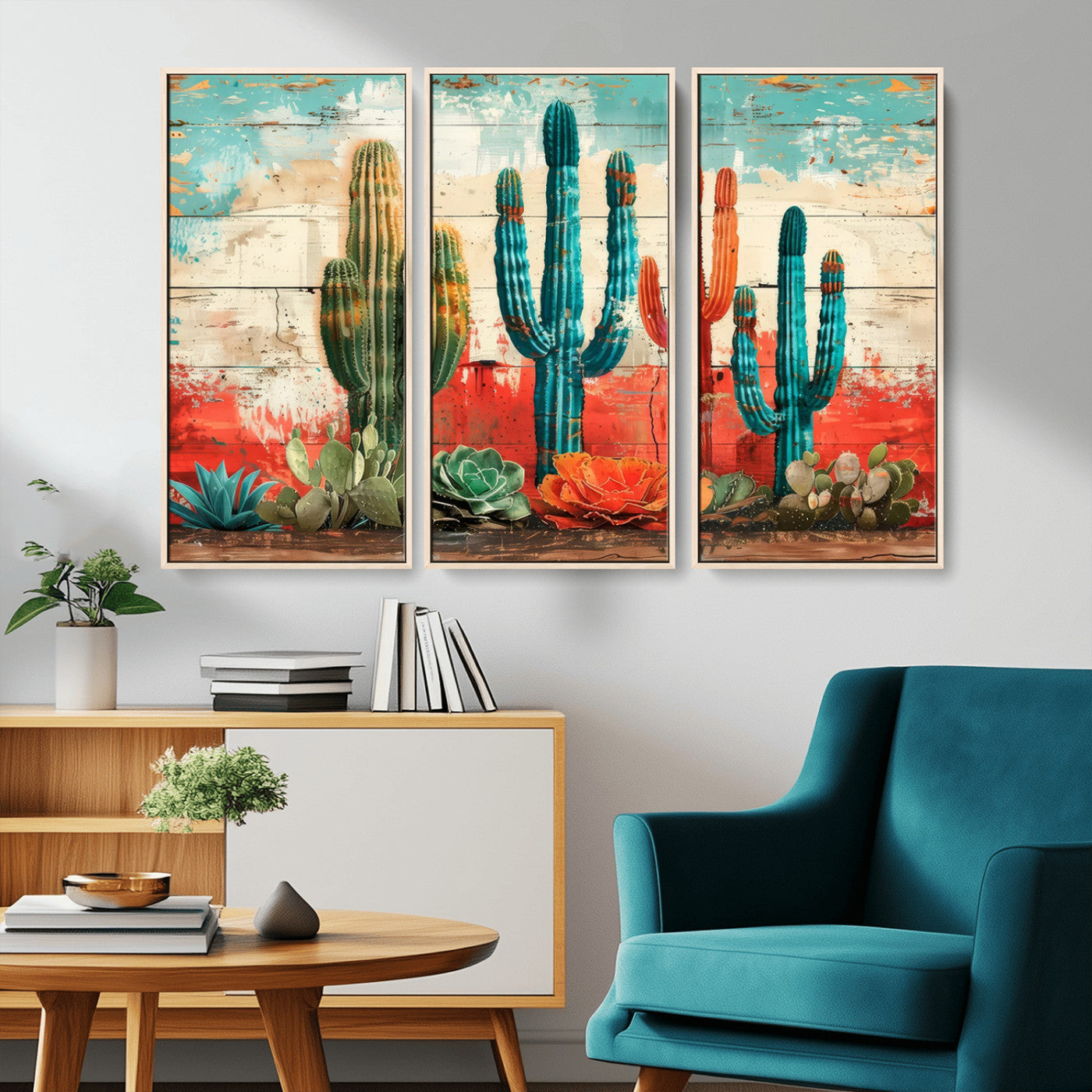 A vivid southwestern-style artwork featuring an eclectic mix of cacti and succulents painted against a textured, rustic wood backdrop in rich turquoise, red, and orange hues.