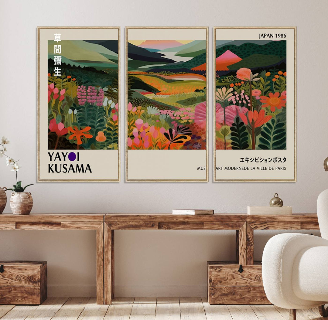 Yayoi Kusamas Landscape Canvas Print with vibrant floral mountain art adorns the wall.