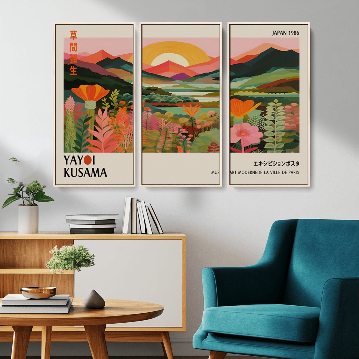 MGV-FC-48X32-3P - Framed Yayoi Kusama Print, Vibrant Floral Mountain Art Print, Botanical Flower Nature Decor, Sunset