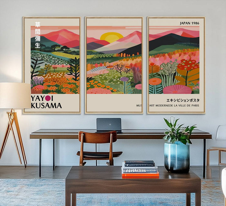 The wall art includes a vintage world map and Yayoi Kusamas colorful landscape.