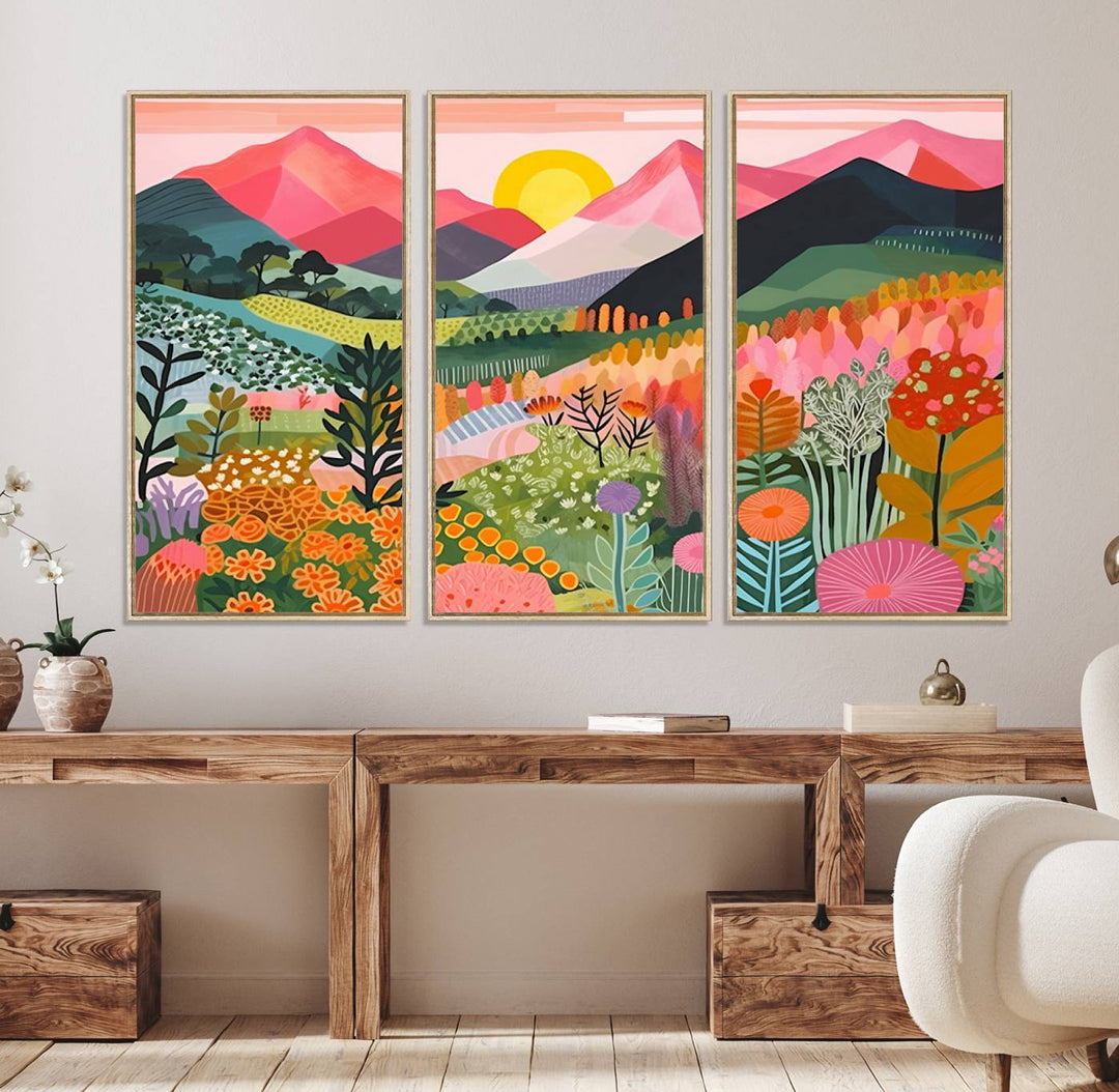 Vibrant abstract landscape canvas: Yayoi Kusama 1986 wall art print featuring mountains, sun, and flowers. Ready-to-hang.