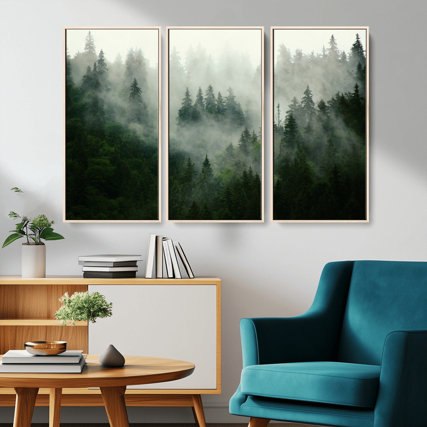MGV-FC-48X32-3P - Misty Forest Mountain Wall Art Canvas  | Large 3-Panel Foggy Landscape Canvas Print | Nature Misty