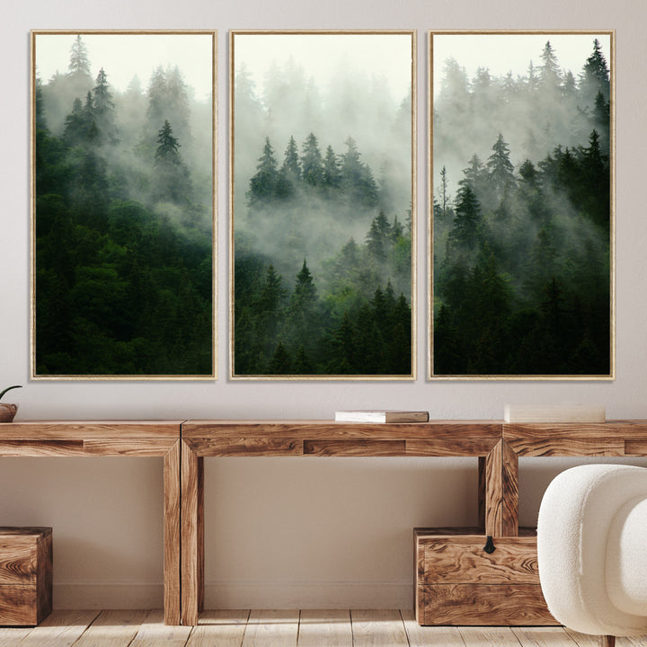 Misty Forest Wall Art Canvas Print - Foggy Forest Landscape Canvas Wall Art – Serene Triptych Nature Print – Woodland Landscape Decor