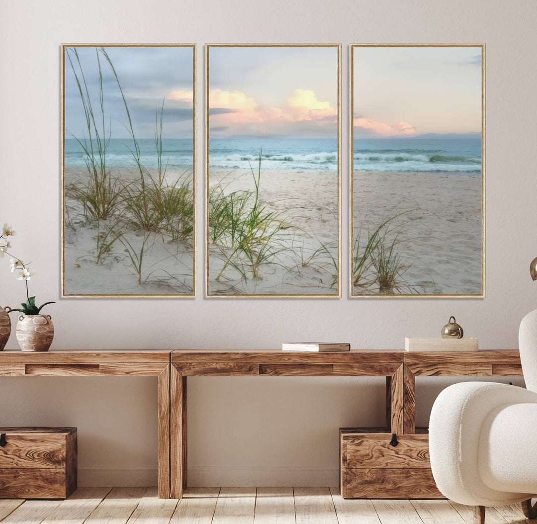 Flight Over Coastal Beach print on UV canvas displayed against white walls.