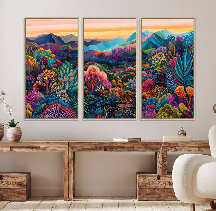 A colorful abstract wall art print canvas adorns the space.