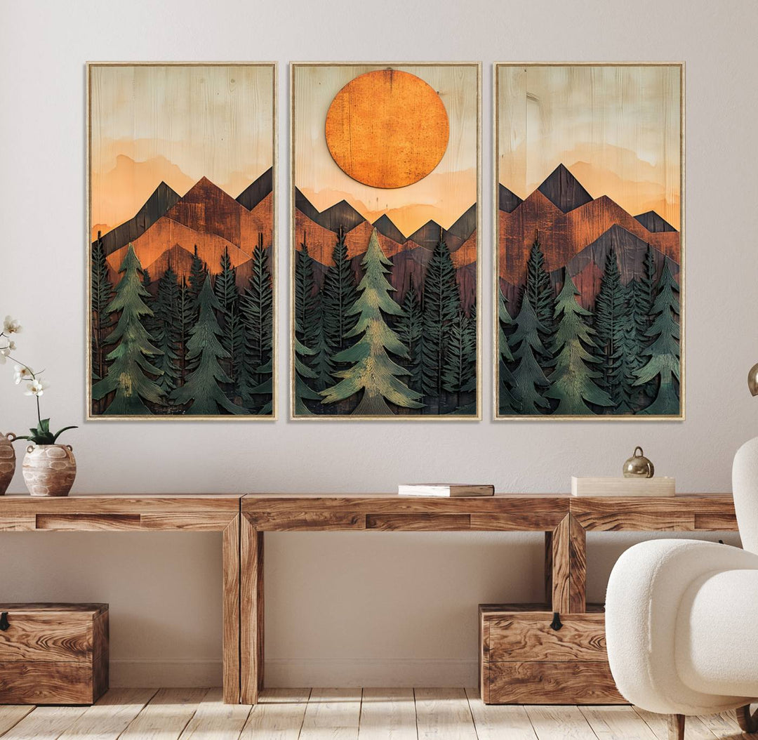 Sunset Mountain Landscape canvas wall art print featuring forest and wooden textures in green, brown, and orange.