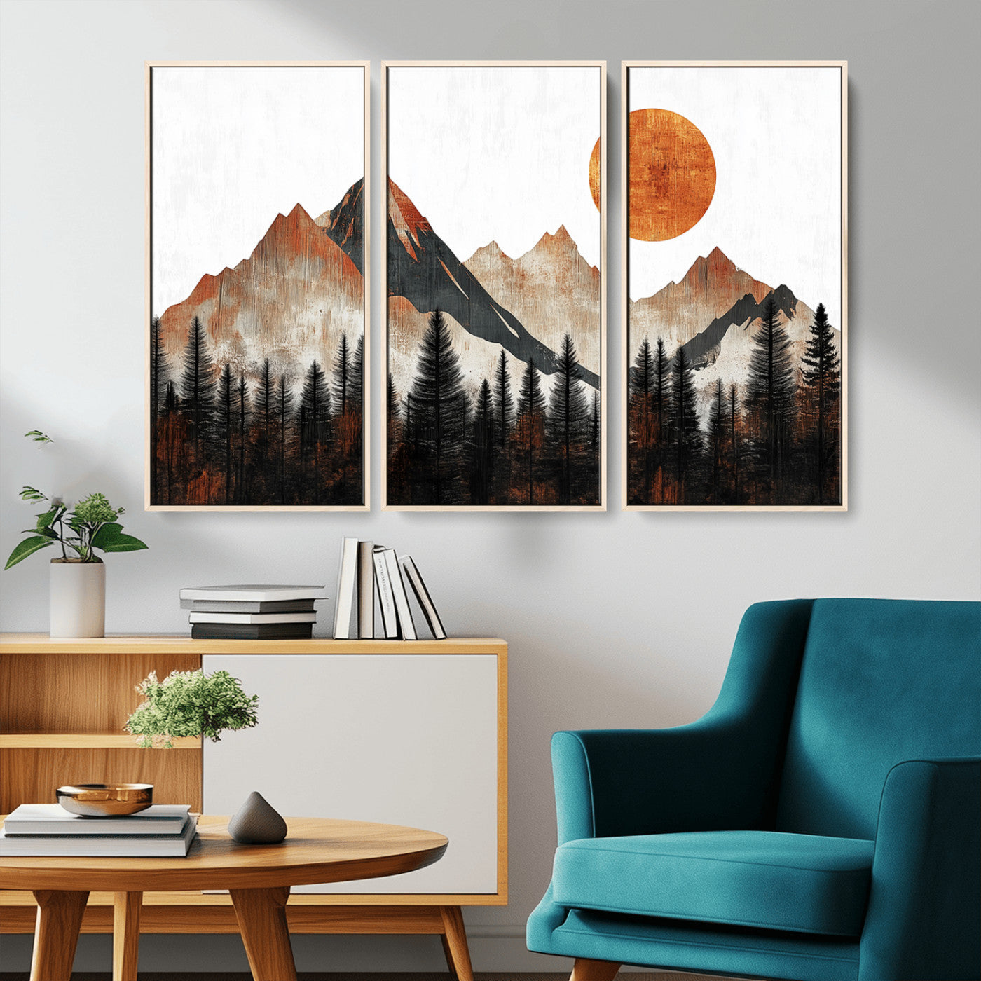 MGV-FC-48X32-3P - Modern Abstract Mountain Canvas Wall Art Print, Abstract Landscape Print, Rustic Sun and Mountains