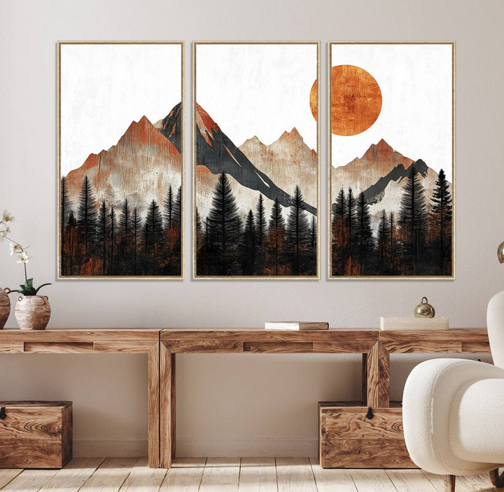 A Modern Abstract Mountain Canvas Wall Art Print features a rustic sun and mountains design.