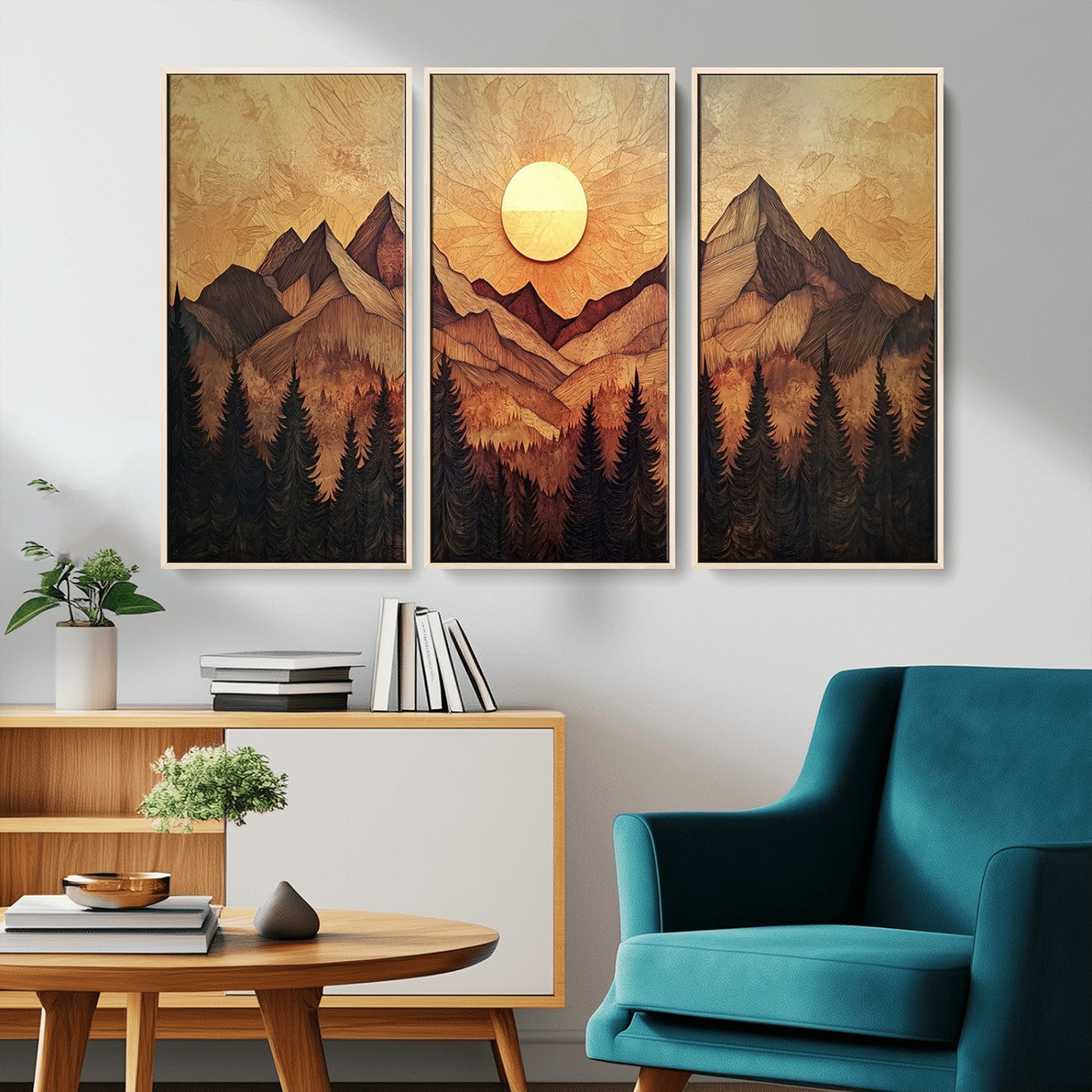 MGV-FC-48X32-3P - Wood Style Abstract Mountain Sunset Canvas Wall Art Print - Warm Earth Nature-Inspired Decor for