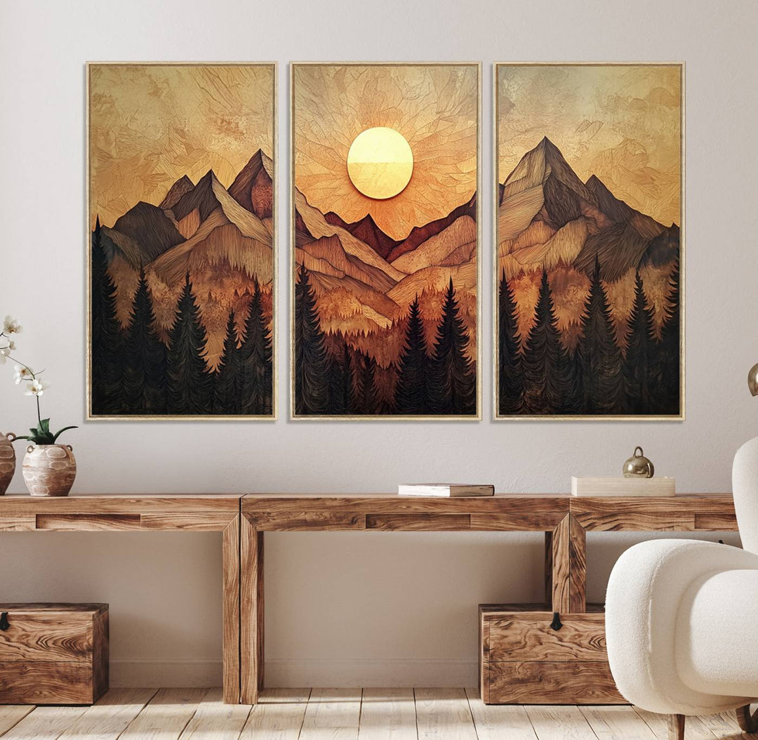 The dining area features a Wood Style Abstract Mountain Sunset canvas wall art print.