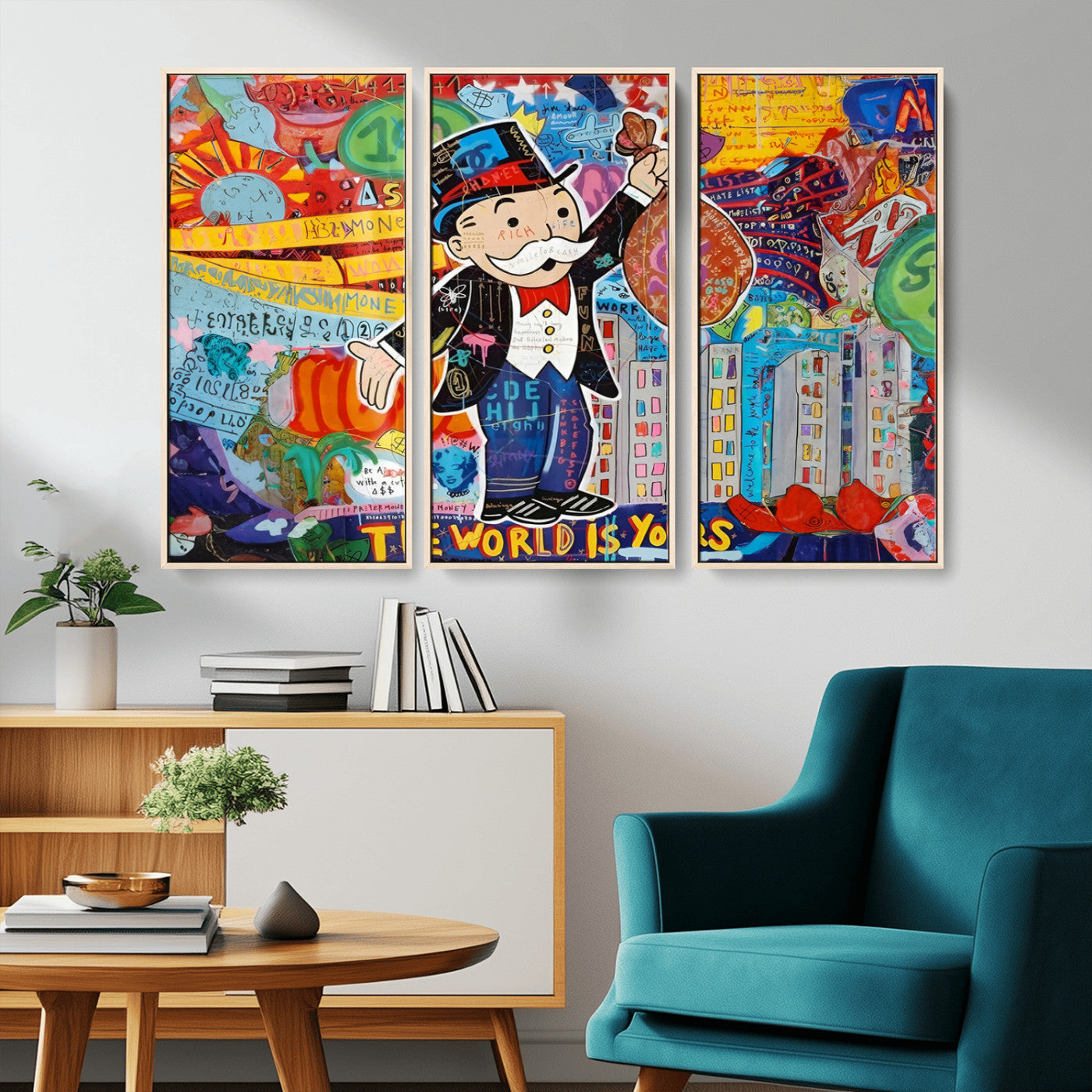 MGV-FC-48X32-3P - Pop Art Monopoly Man Canvas Wall Art Print - Bold and Colorful Street Art-Inspired Decor for Living