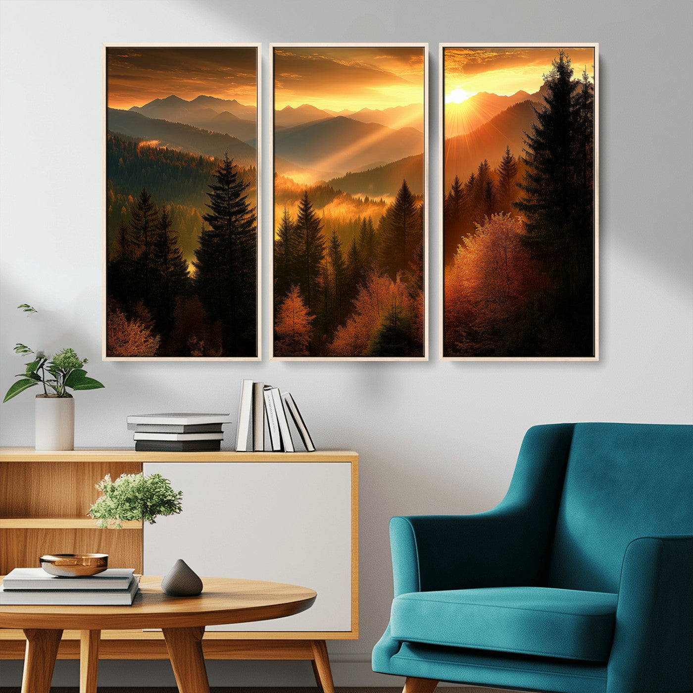 MGV-FC-48X32-3P - Golden Sunset Over Mountain Forest Canvas Wall Art Print - Warm Nature Landscape Print