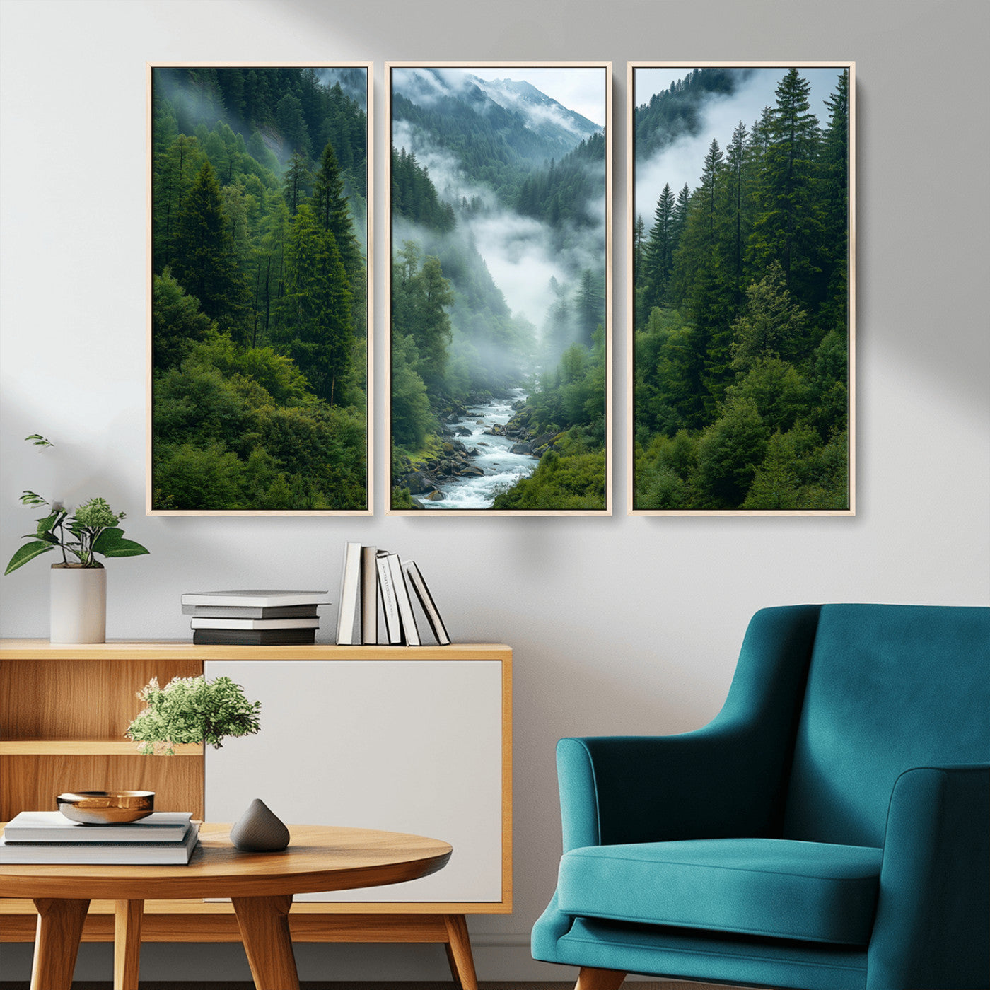 MGV-FC-48X32-3P - Mountain Forest River Canvas Wall Art Print - Serene Nature Landscape for Living Room, Office, or