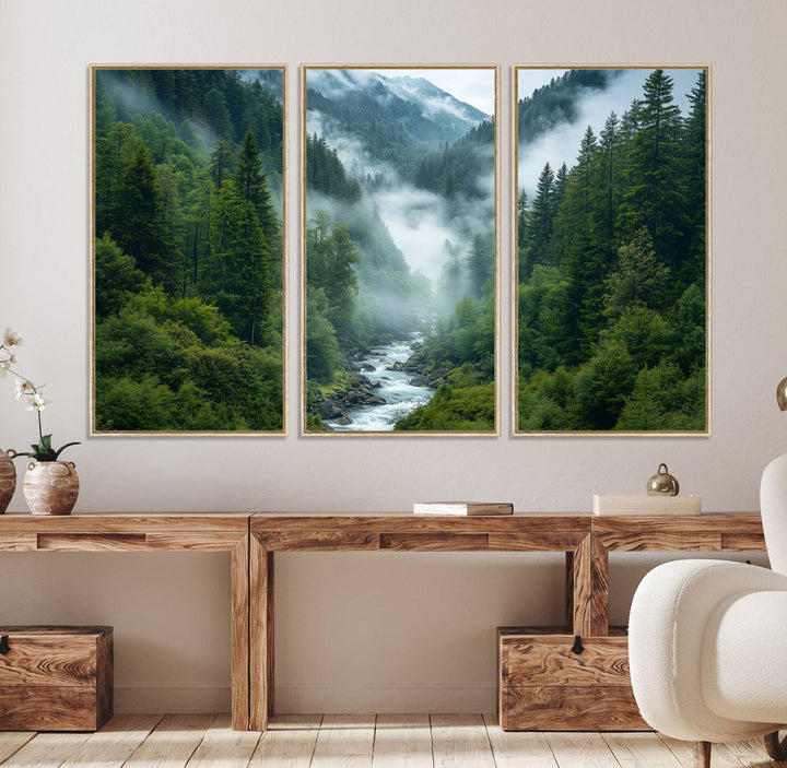 The Mountain Forest River Wall Art adds serenity to a modern living room.