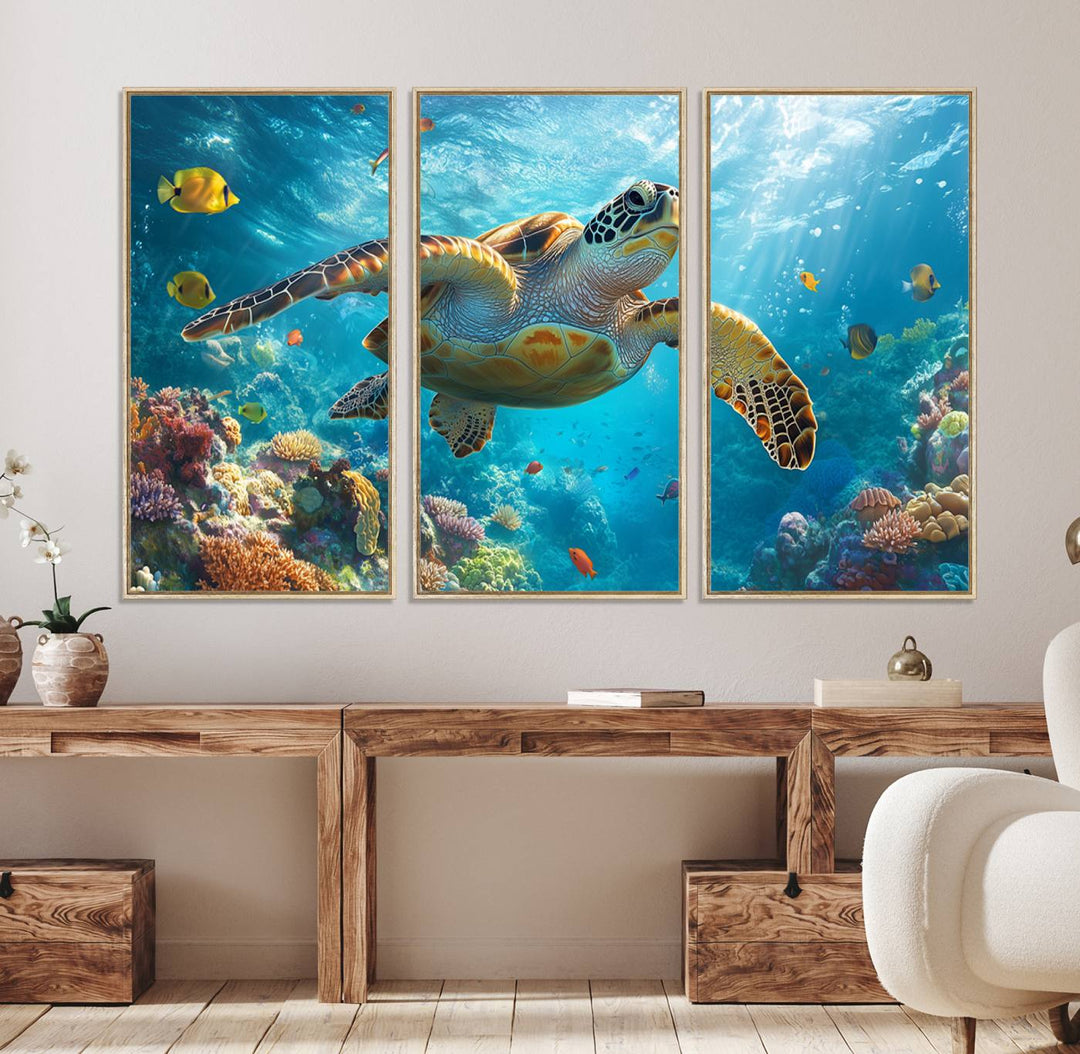 The Sea Turtle Underwater Canvas adorns the wall.