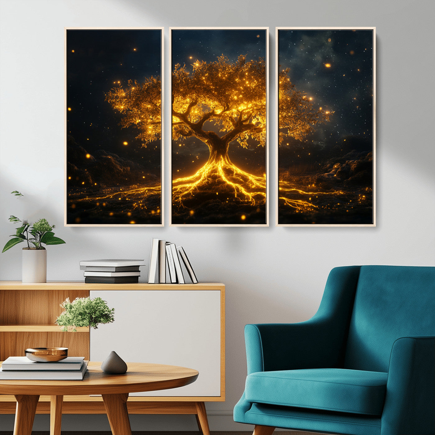 MGV-FC-48X32-3P - Golden Tree of Life Canvas Wall Art Print - Majestic Glowing Tree Design for Living Room, Office, or