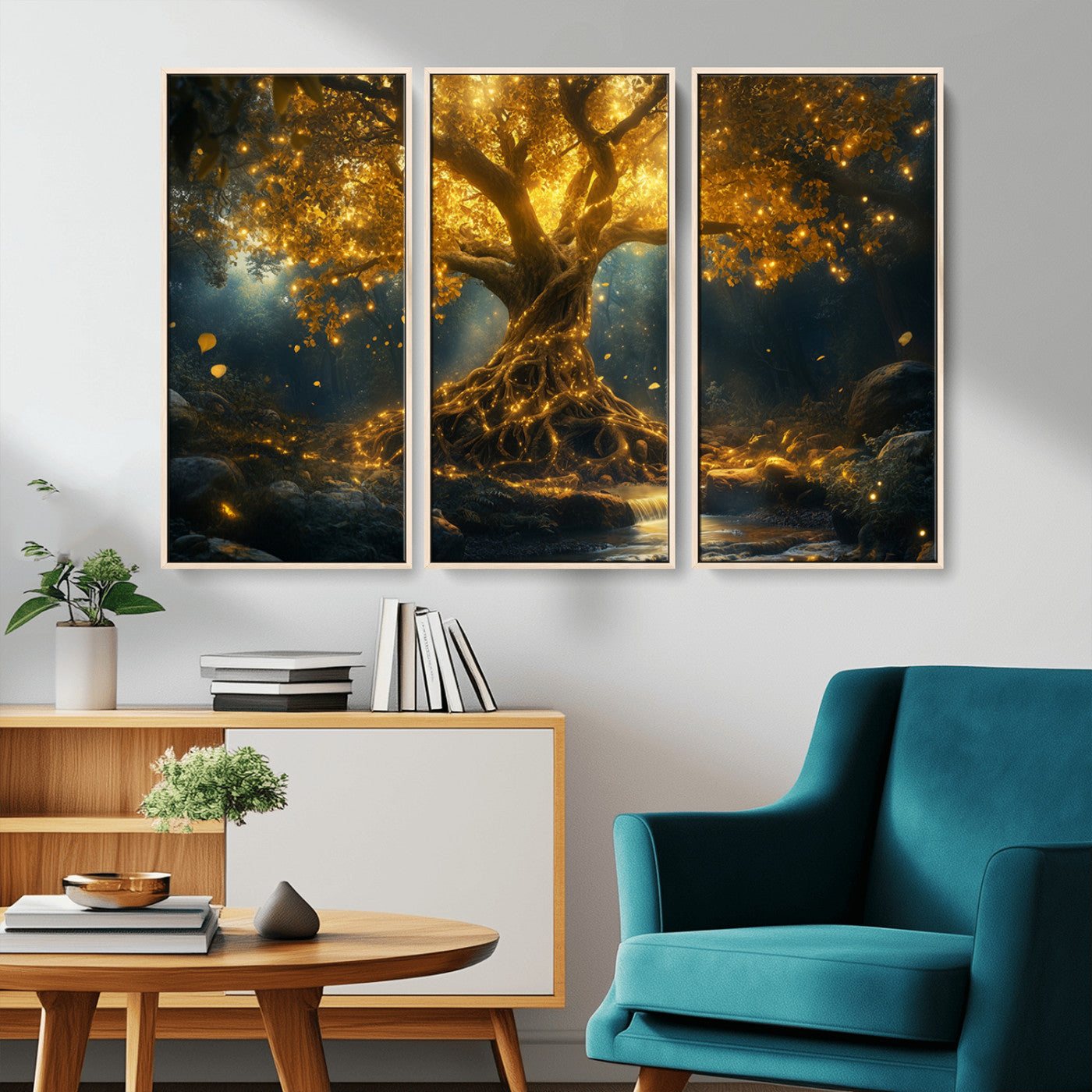 MGV-FC-48X32-3P - Golden Tree of Life Canvas Wall Art Print - Majestic Glowing Tree Wall Art Print