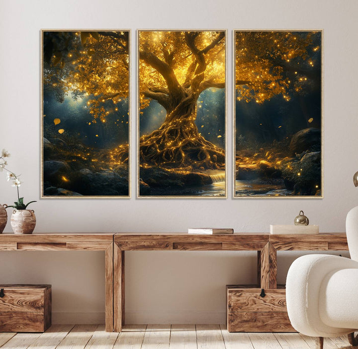 The wall art, titled Mystical Majestic Glowing Tree, hangs above.