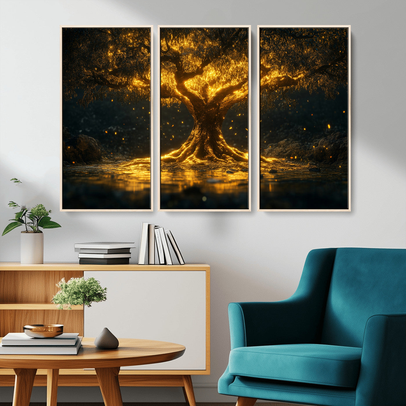 MGV-FC-48X32-3P - Golden Tree of Life Canvas Wall Art Print - Majestic Glowing Tree Wall Art Print