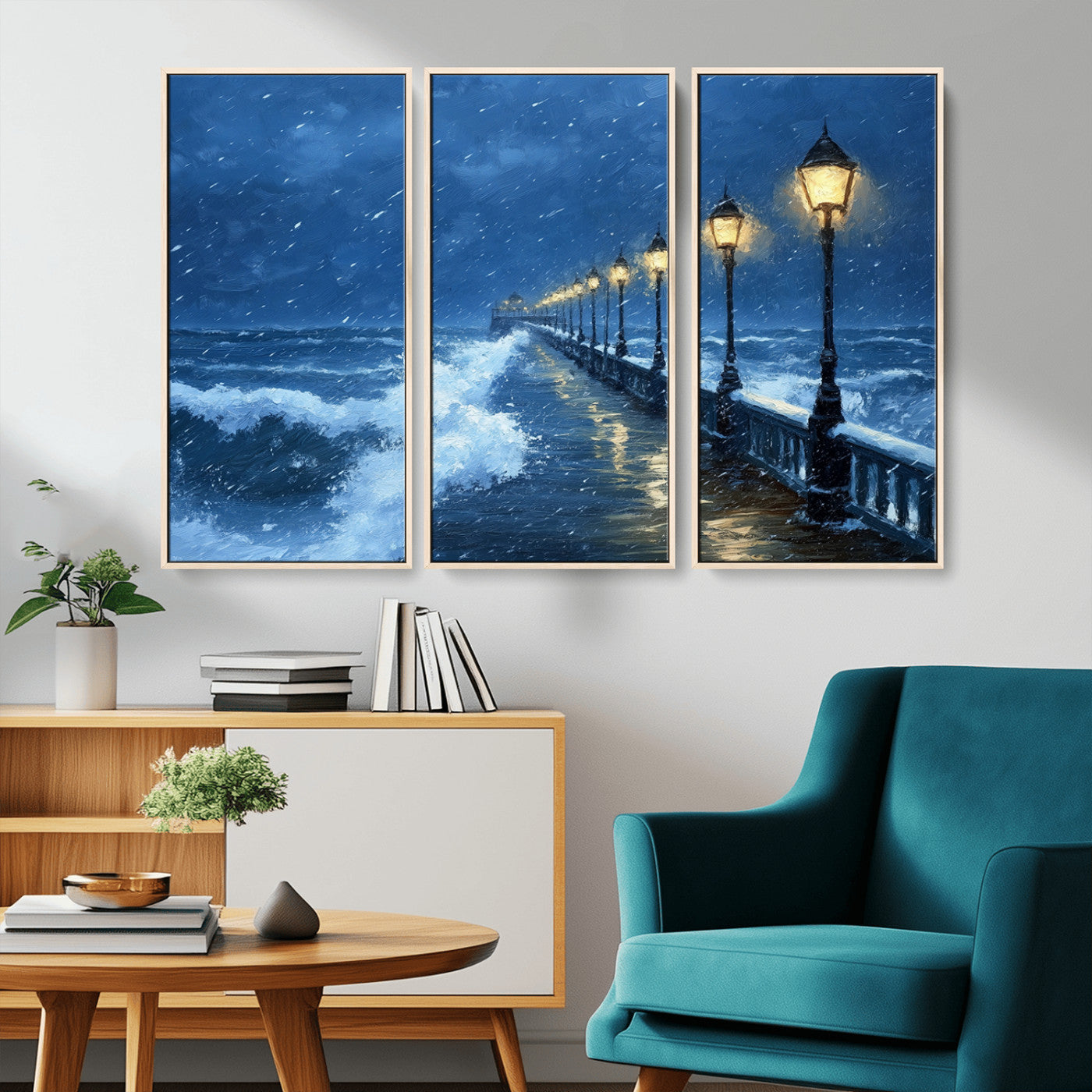MGV-FC-48X32-3P - Stormy Ocean Pier Lights Canvas Wall Art Print - Large Moody Night Scene for Living Room, or Office,