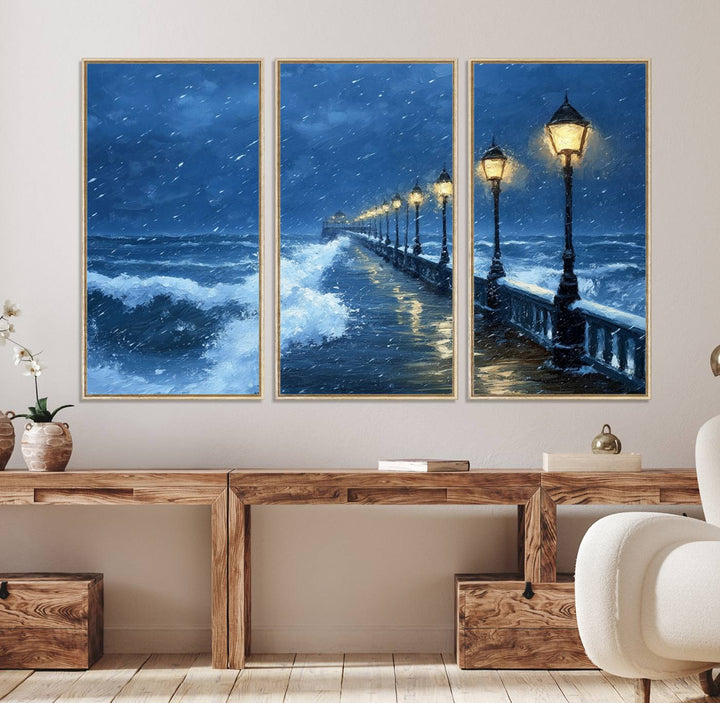 The living room features the Stormy Ocean Pier Lights canvas wall art for illumination.