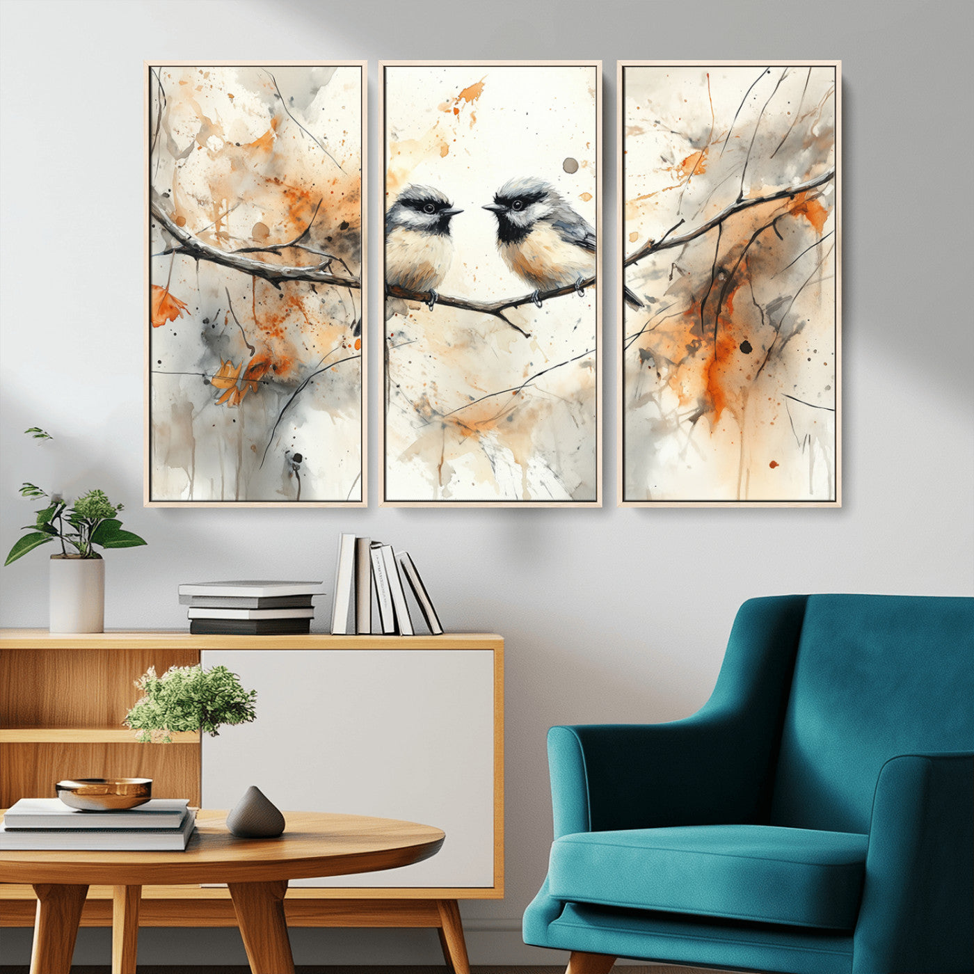 A soft and elegant watercolor painting of two chickadees perched on a delicate branch, surrounded by splashes of orange and neutral tones evoking a calm autumn day.