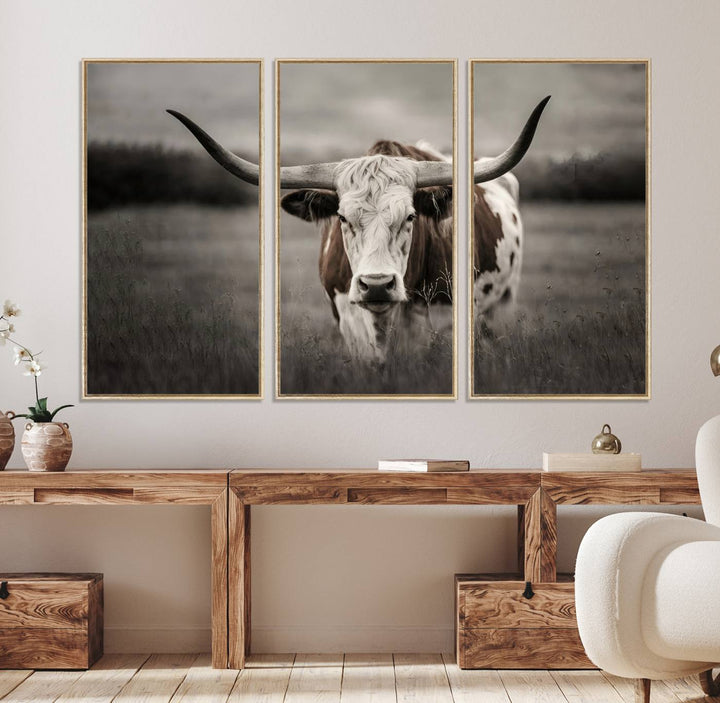 Large Texas Longhorn Cow Canvas for Western decor.